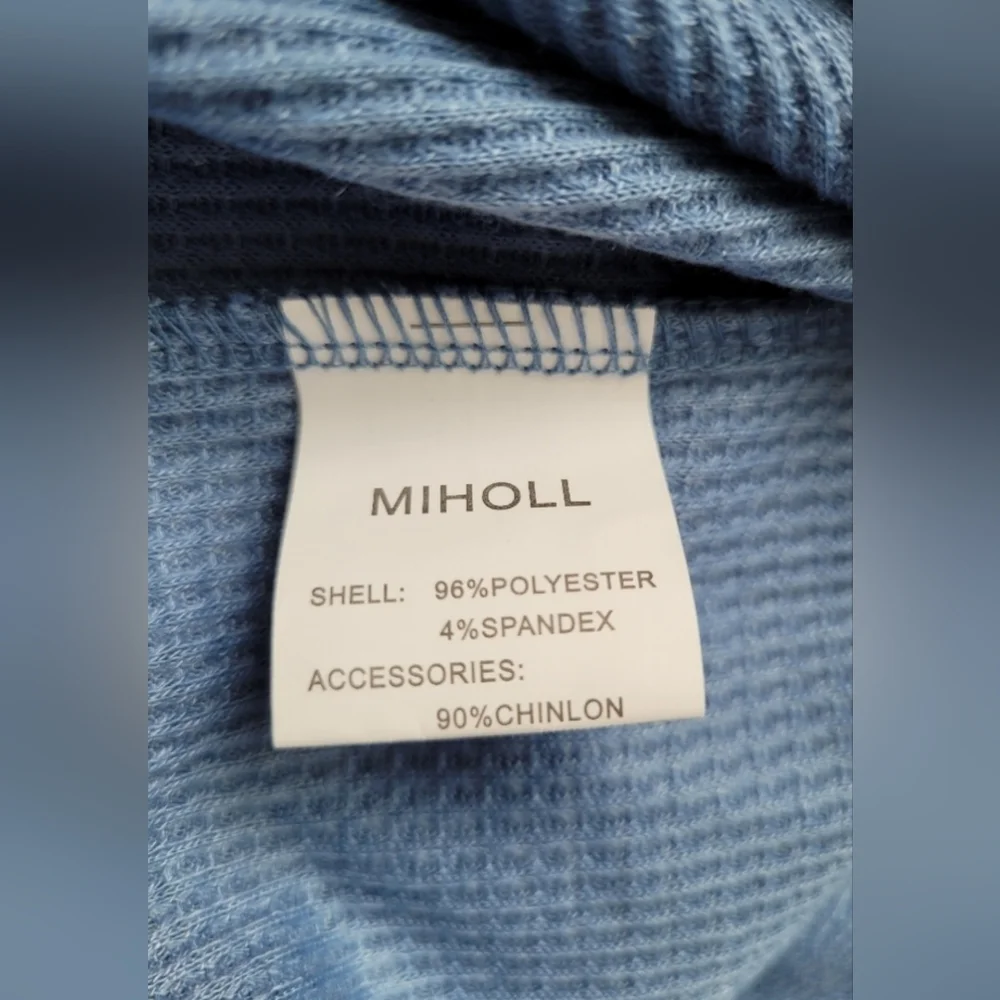 Miholl Women's Waffle Top Blouse Lace Balloon Sleeves Zip Back Blue XXL NWT